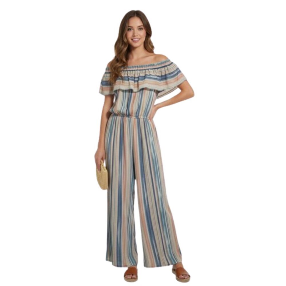 Liberty Love Off Shoulder Striped Wide Leg Jumpsuit Romper M Lined Boho Festival